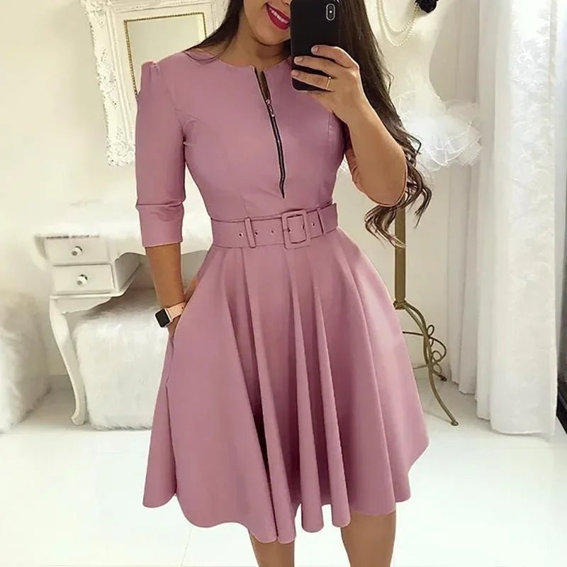 EJVS™  Round Neck Printed Belt Party Dress Elegant Office Lady Zipper Dress