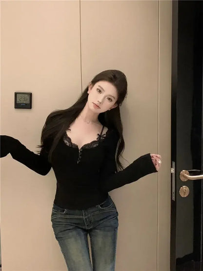 EJVS™  Sweet Lace Stitching V-neck Skinny Top Long Sleeve T-Shirts