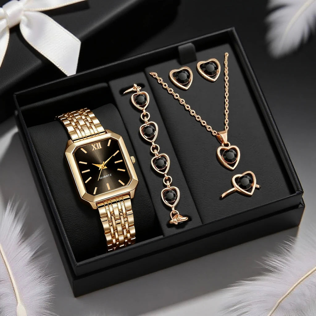 EJVS™  Fashionable Women's Round Dial Leather Strap Quartz Watch + Exquisite Jewelry Set