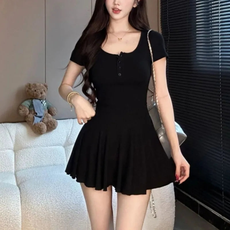 EJVS™  Spicy Girls Short Sleeve Mini Dress - Pleated Single Breasted