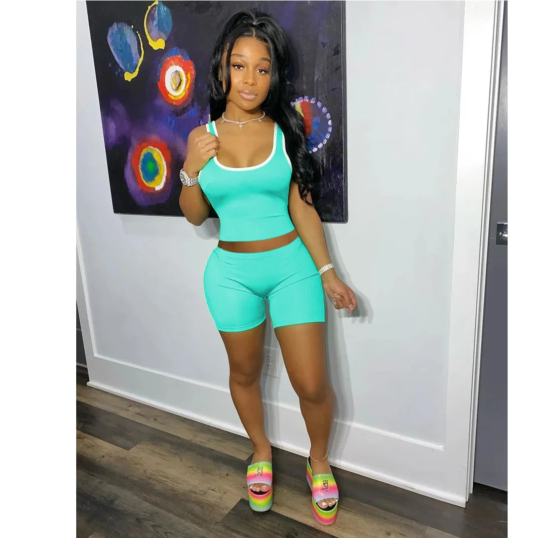 EJVS™  Women's Fashion Sexy Sports Solid Color Tank Top Shorts Set