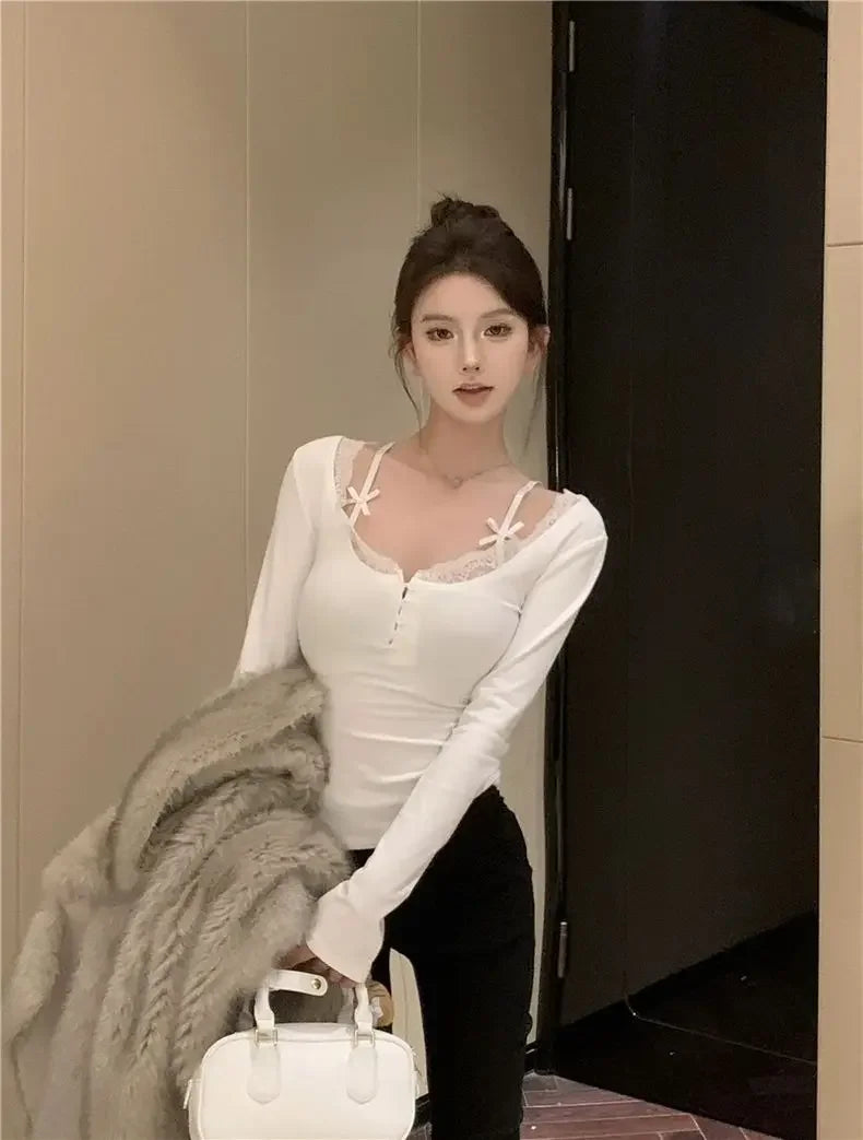 EJVS™  Sweet Lace Stitching V-neck Skinny Top Long Sleeve T-Shirts