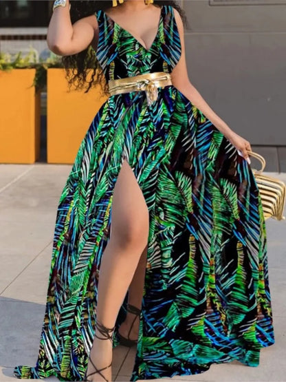 EJVS™  Summer Boho Sleeveless Slim Print Side Slit Party Maxi Dresses
