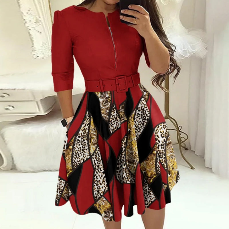 EJVS™  Round Neck Printed Belt Party Dress Elegant Office Lady Zipper Dress