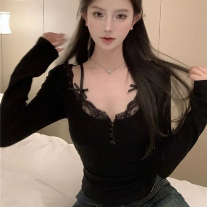 EJVS™  Sweet Lace Stitching V-neck Skinny Top Long Sleeve T-Shirts