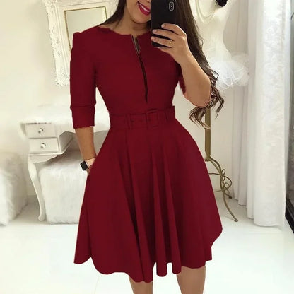 EJVS™  Round Neck Printed Belt Party Dress Elegant Office Lady Zipper Dress