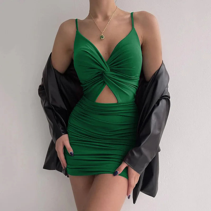 EJVS™  Spaghetti Strap Bodycon Backless Folds Wrap Hip Dress